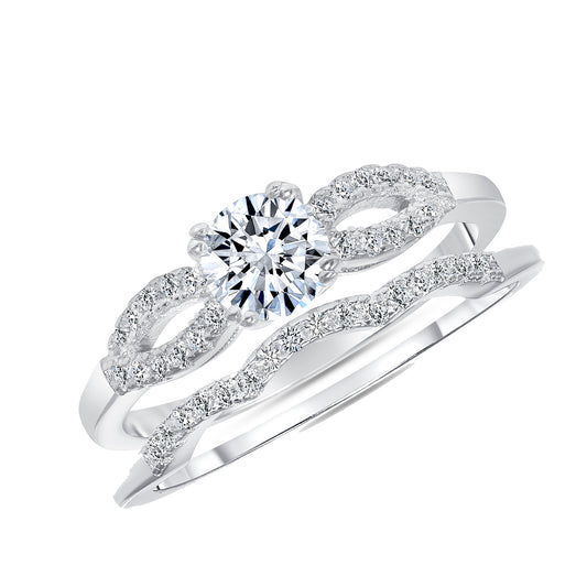 Silver 925 Rhodium Plated Cubic Zirconia Engagement Ring Set . GR7470B