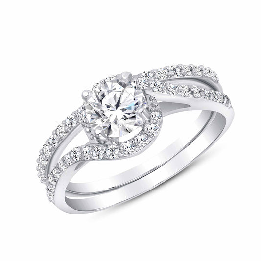 GR7633. Silver 925 Micro Pave Round Solitaire Cubic Zirconia 2 Piece Engagement Ring