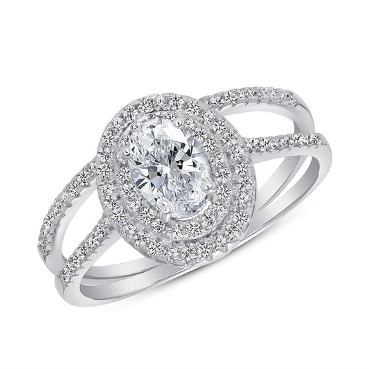Silver 925 Rhodium Plated Oval Solitaire Cubic Zirconia 2 Piece Wedding Ring. GR8513