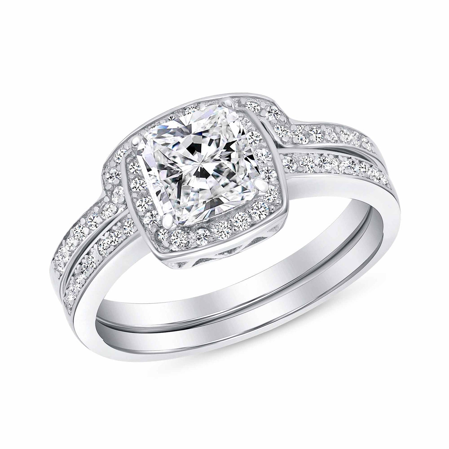 Sterling Silver 2 Piece Halo Style Ring And Cz Ban