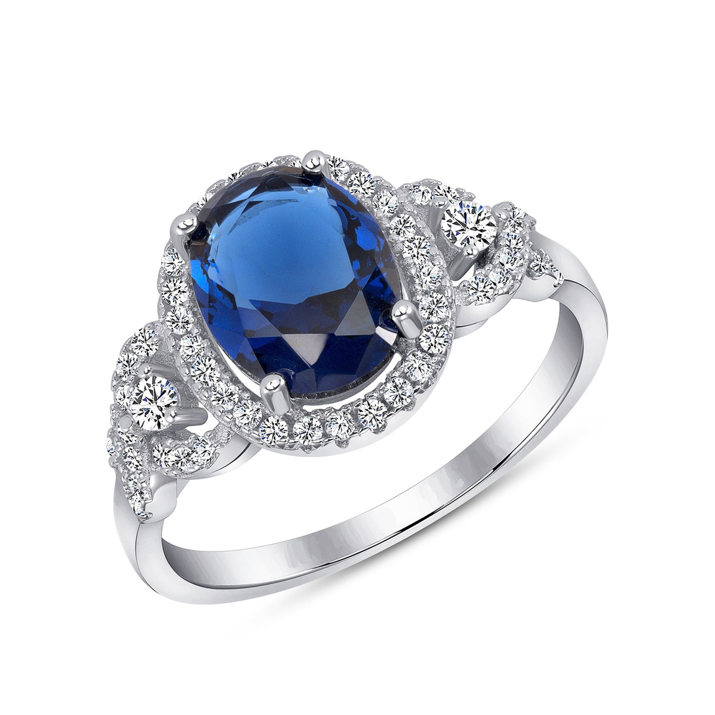 GR8573BLU. Silver 925 Rhodium Plated Halo Style Blue Sapphire Cubic Zirconia Ring