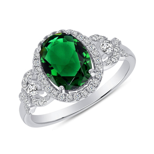 Silver 925 Rhodium Plated Halo Style Green Emerald Cubic Zirconia Ring. GR8573GRN