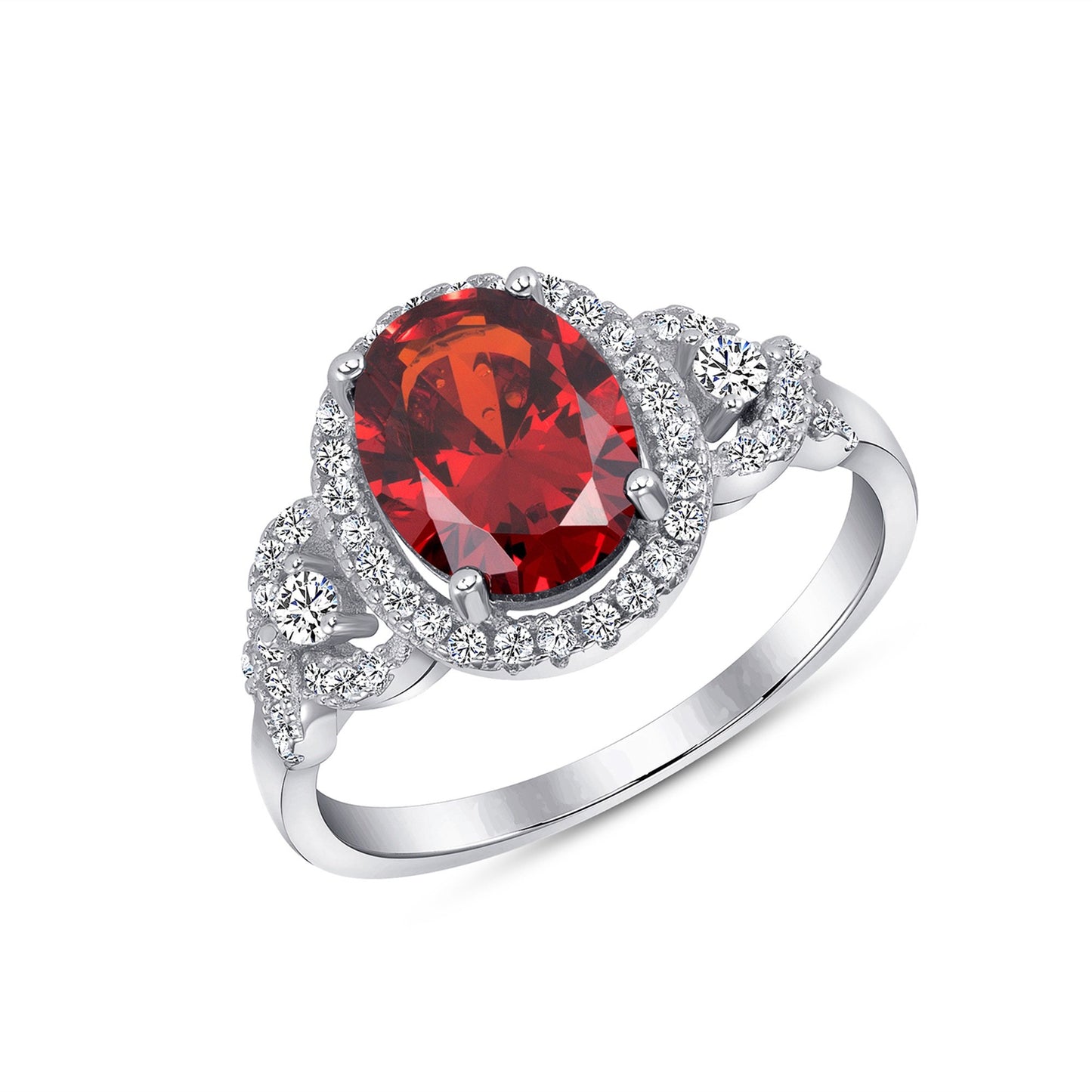 GR8573RED. Silver 925 Rhodium Plated Halo Style Red Garnet Cubic Zirconia Ring