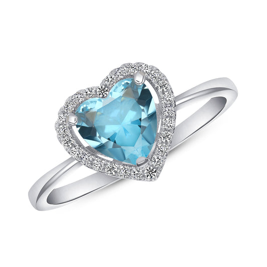 Silver 925 Rhodium Plated Heart Aqua Cubic Zirconia Ring. GR8695AQ