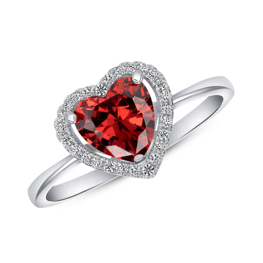 Silver 925 Rhodium Plated Heart Garnet Cubic Zirconia Ring. GR8695RED