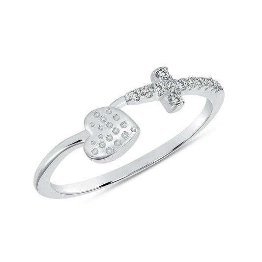Sterling Silver Side Cross & Heart Ring