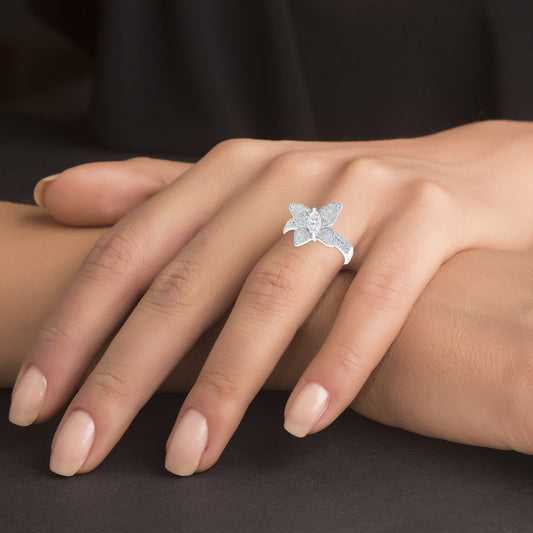 Silver 925 Rhodium Plated Oval Cubic Zirconia Butterfly Ring. GR8847