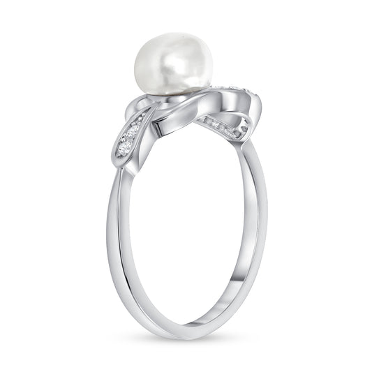 Silver 925 Rhodium Plated Heart Pearl Ring. GR8857