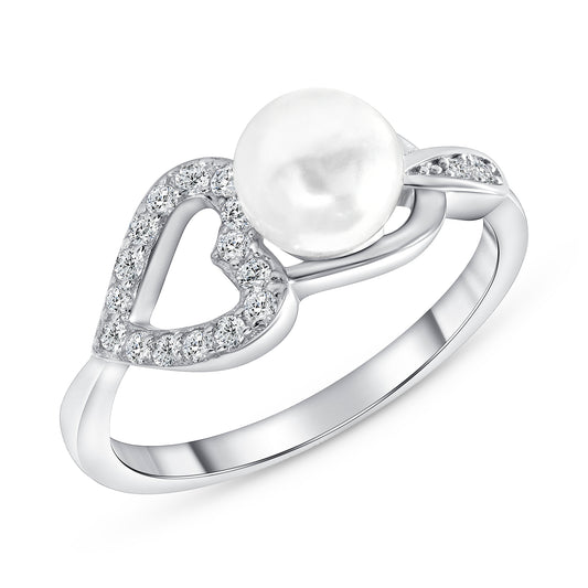 Silver 925 Rhodium Plated Heart Pearl Ring. GR8857