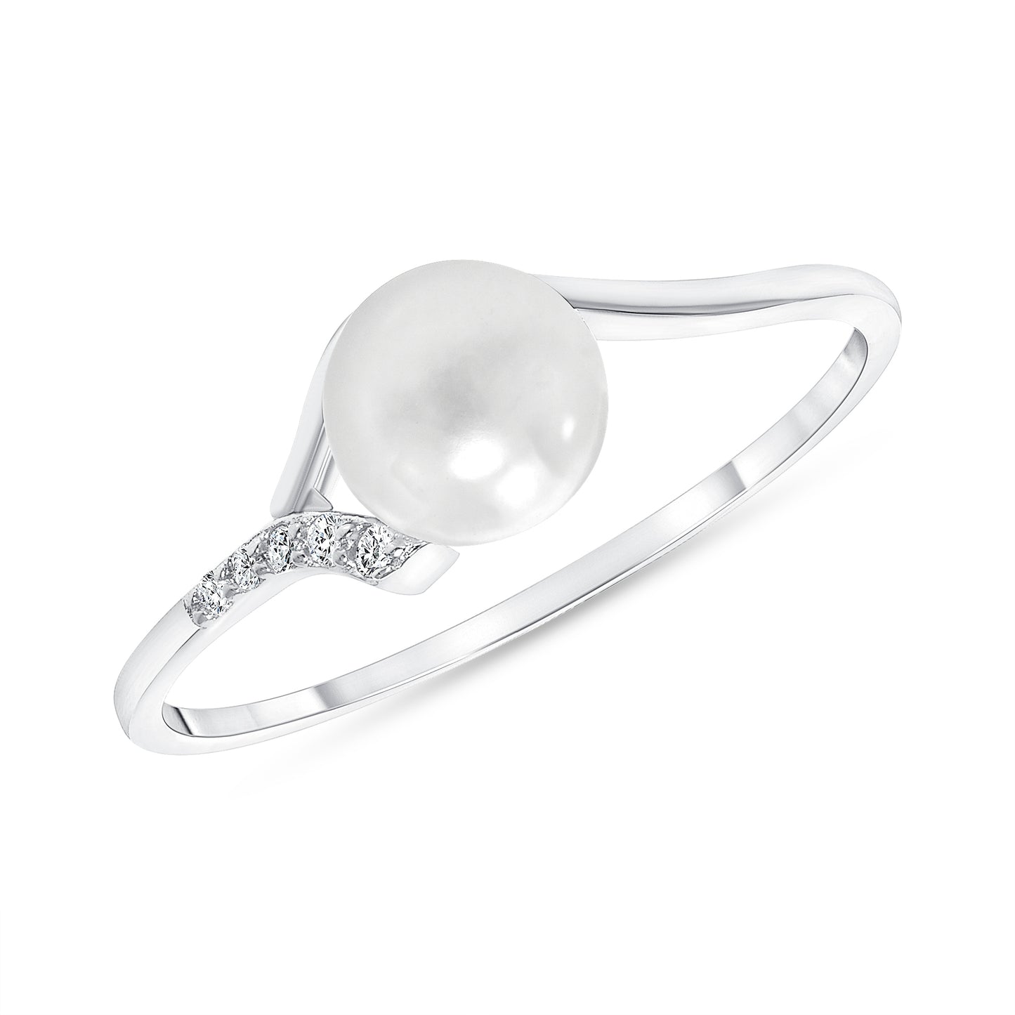 Silver 925 Rhodium Plated Plain Pearl and Solitaire Ring. GR8883