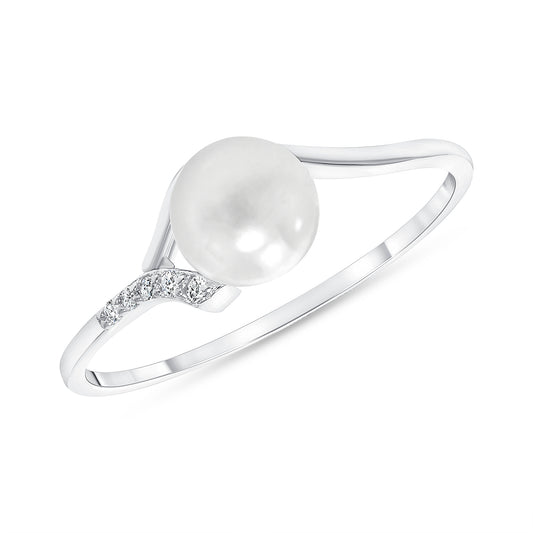 Silver 925 Rhodium Plated Plain Pearl and Solitaire Ring. GR8883
