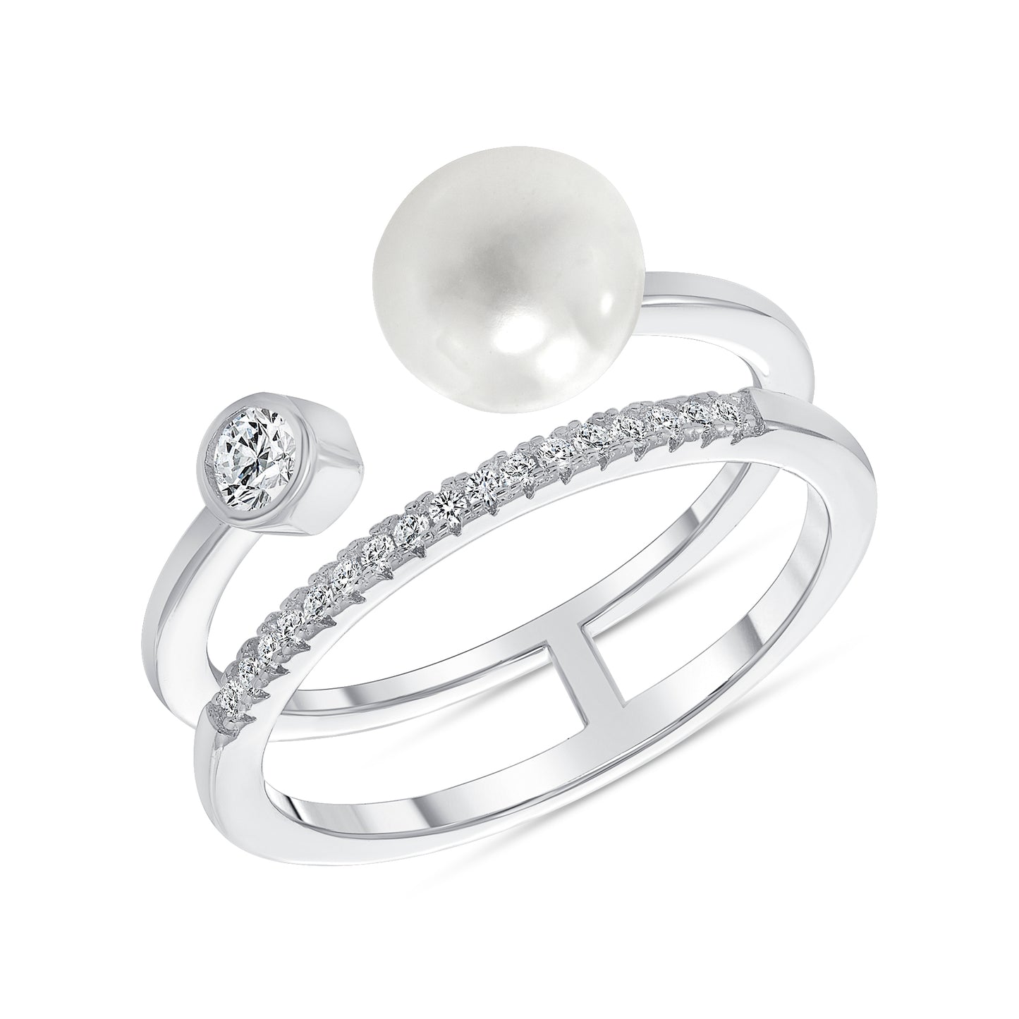 Silver 925 Rhodium Plated Two Line Pearl & Bezel Cubic Zirconia Ring. GR9281B