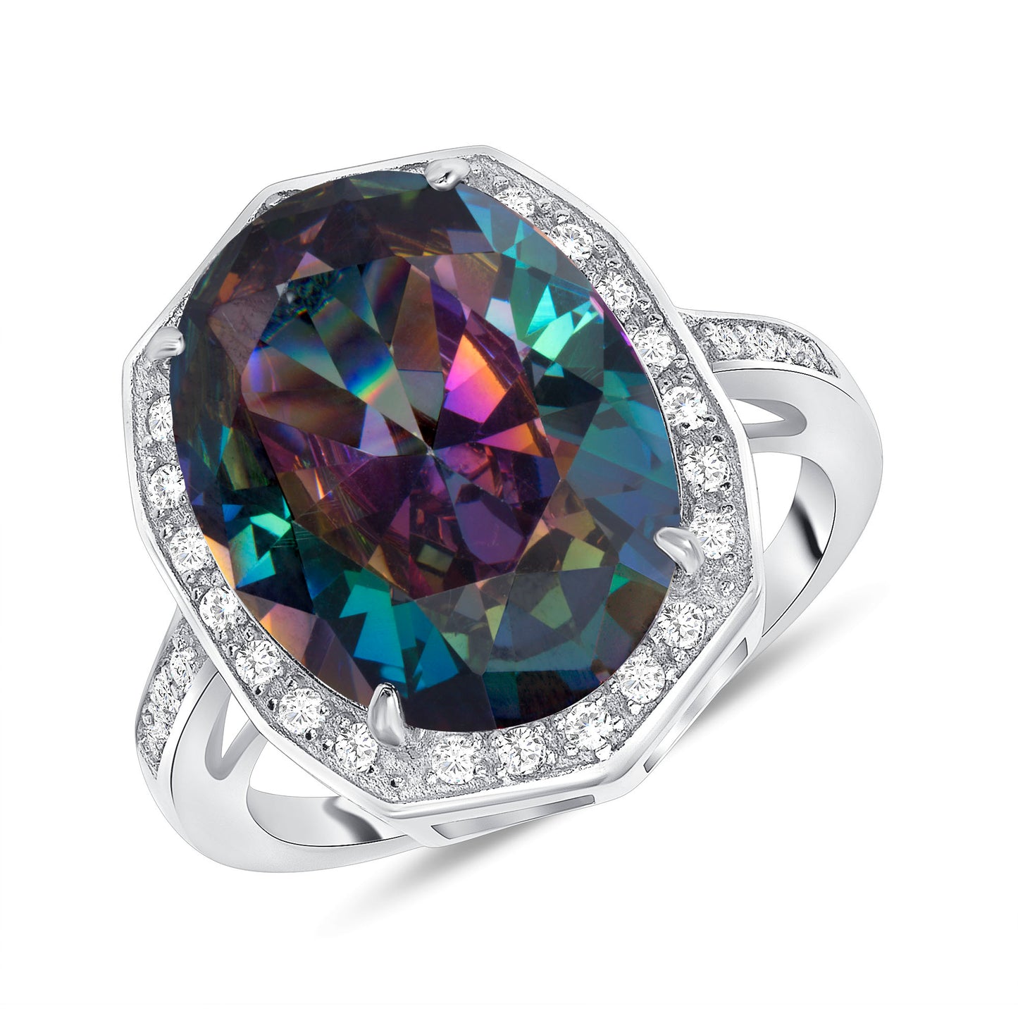 Silver 925 Rhodium Plated Mystic Topaz Cubic Zirconia Halo Style Ring. GR9433MYS