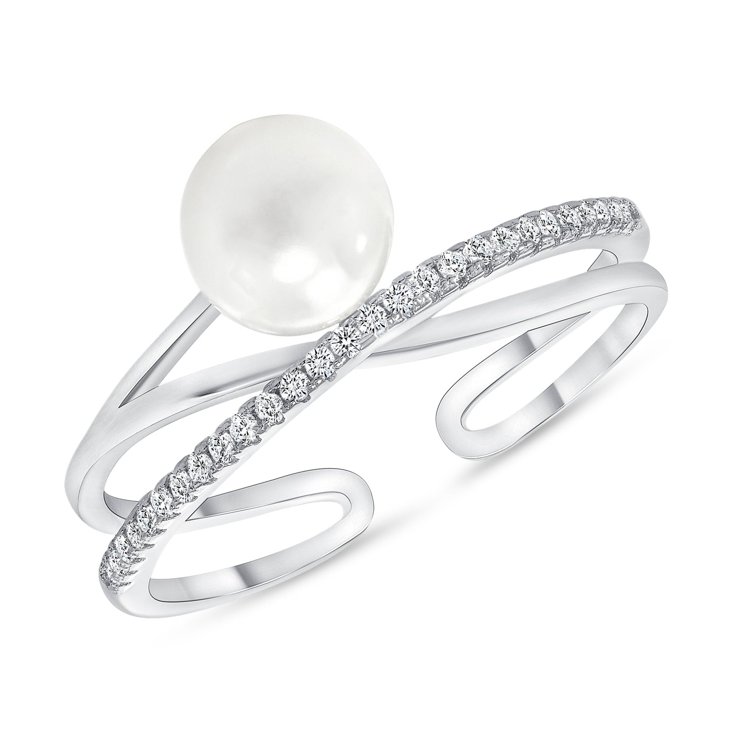 Silver 925 Rhodium Plated X Cubic Zirconia and Pearl Ring. GR9519