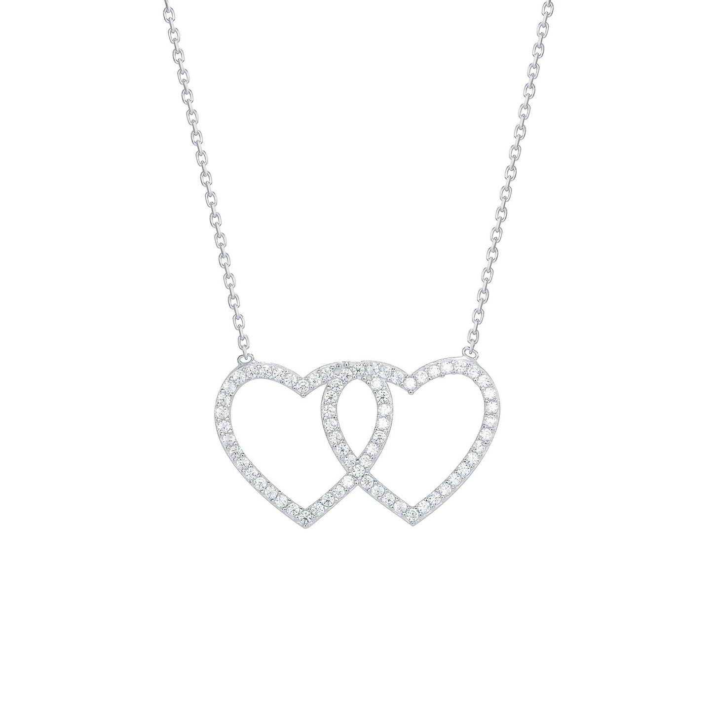Sterling Silver Double Heart Necklace in Rhodium
