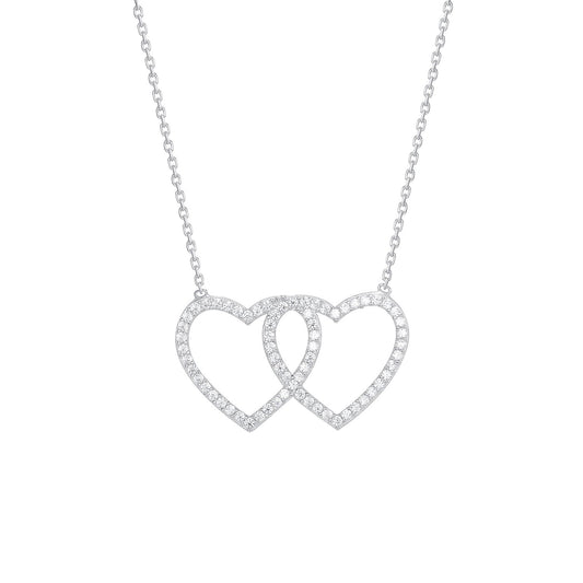 Silver 925 Rhodium Plated Double Heart Necklace. HJ299-R