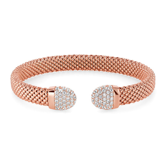ITBR351-RG. Silver 925 Rose Gold Plated Pop Corn Style Cuff Half Oval Clear CZ Bracelet