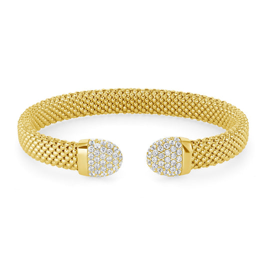 ITBR351-G. Silver 925 Yellow Gold Plated Pop Corn Style Cuff Half Oval Clear CZ Bracelet