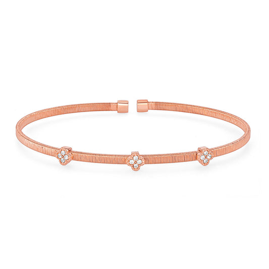 Silver 925 Rose Gold Plated Ridged 3 Flowers Wired Thin Cuff Bangle. ITBR450-RG