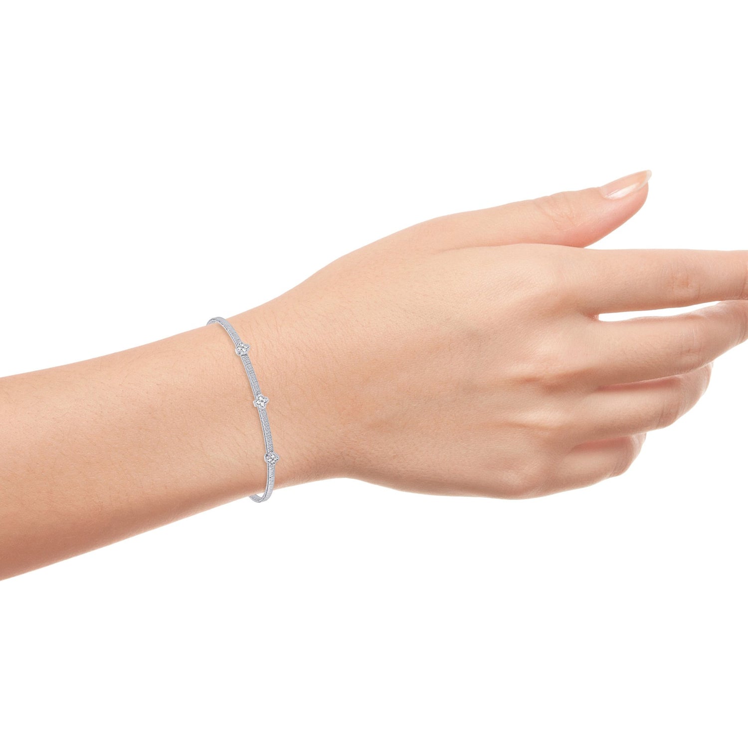 Sterling Silver 3 Flowers Wired Thin Cuff Bangle