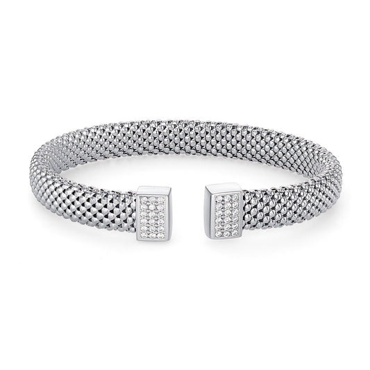 Silver 925 Rhodium Plated Cubic Zirconia Popcorn Cuff Bangle. ITBR548-R