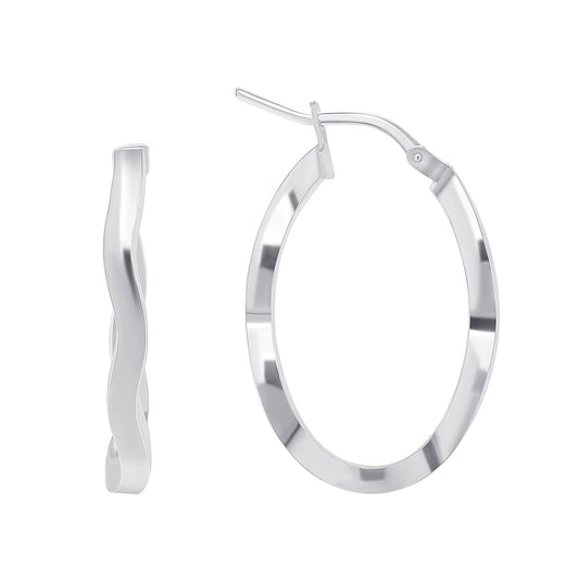 Silver 925 Rhodium Plated Small Oval Wavy Plain Hoop Earring 2MM. ITE199SR