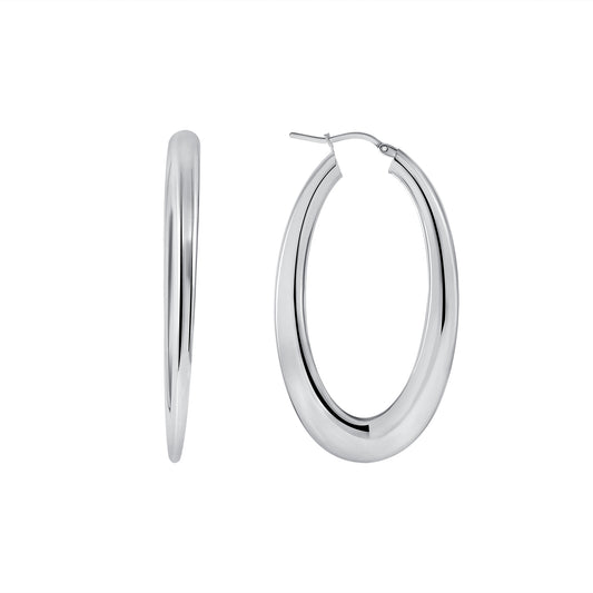 Silver 925 Rhodium Plated Oval Plain Hoop Earrings. ITE293-40MM