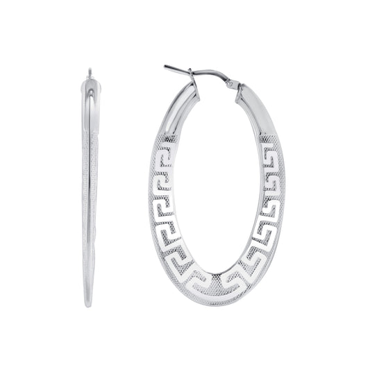 Silver 925 Rhodium Plated Italian Silver Oval Plain Hoop Greek Earring. ITHP142-20MM