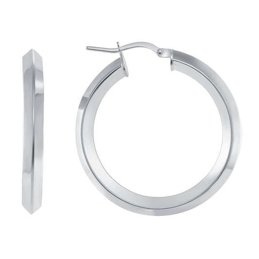Silver 925 Rhodium Plated Plain 3D Design 25MM Plain Hoop Earring. ITHP98-25MMR