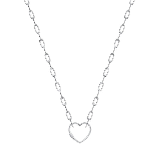Silver 925 Rhodium Plated Heart Pendant Paper Clip Necklace. ITNK177