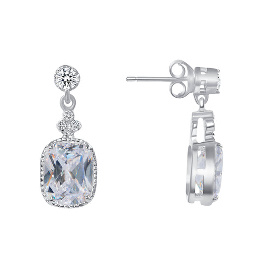 Silver 925 Rhodium Plated Rectangle Drop Cubic Zirconia Fancy Earring. KE0039CLR