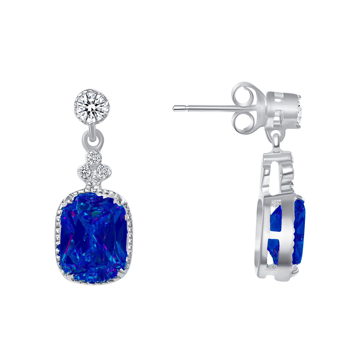 Silver 925 Rhodium Plated Rectangle Drop Blue Cubic Zirconia Fancy Earring. KE0039BLU