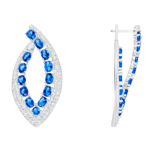 Silver 925 Rhodium Plated Tear Shape w/ Clear & Blue Cubic Zirconia Earring. KE0224BLU