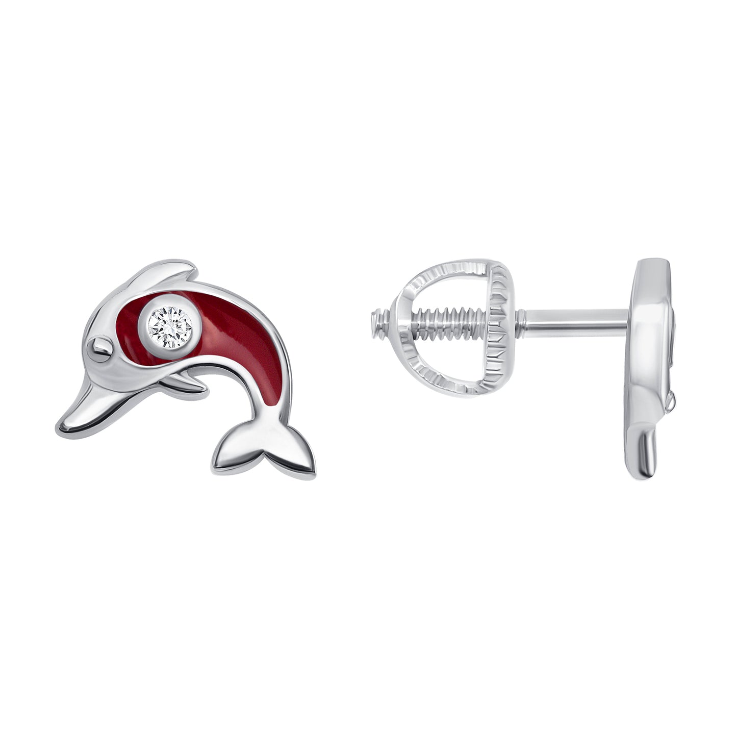 Silver 925 Rhodium Plated Red Enamel Dolphin Stud Earring. KIDE12
