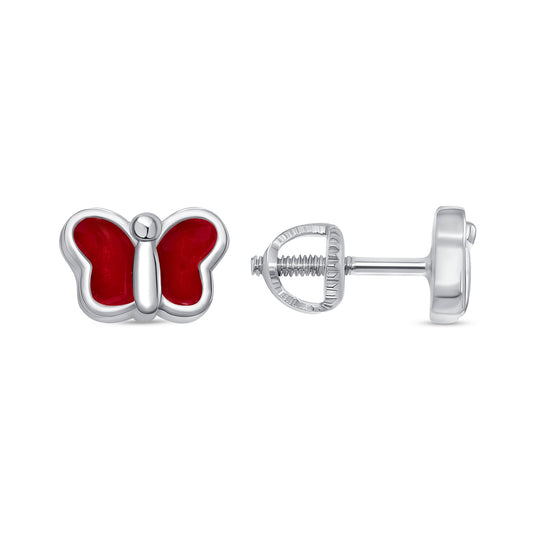 Silver 925 Rhodium Plated Red Enamel Butterfly Stud Earring. KIDE13