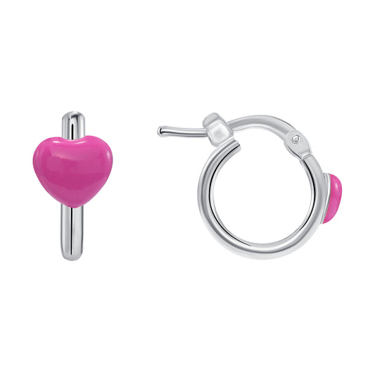 Silver 925 Pink Enamel Heart Plain Hoop Earring. KIDE18