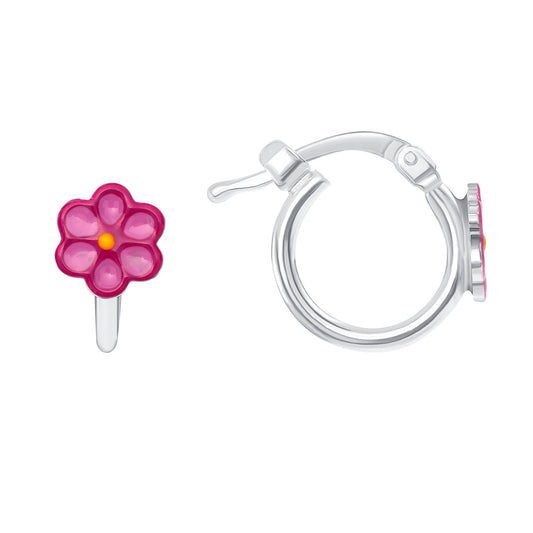 Silver 925 Pink Flower Plain Hoop Earring. KIDE20