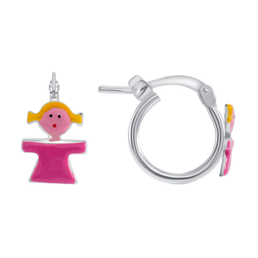 Silver 925 Enamel Pink Girl Plain Hoop Earring. KIDE21