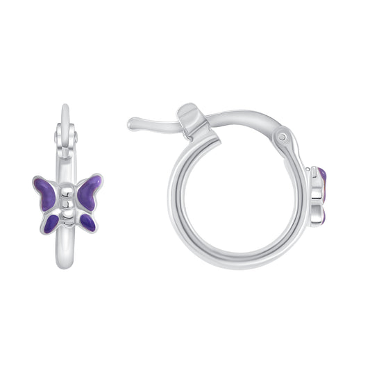 Silver 925 Enameled Purple Butterfly Plain Hoop Earring. KIDE23
