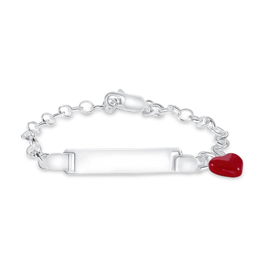 Silver Kids ID Red Enamel Heart Bracelet. KIDID002