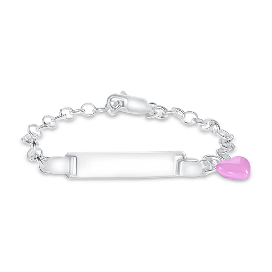 Silver Kids ID Pink Enamel Heart Bracelet. KIDID004