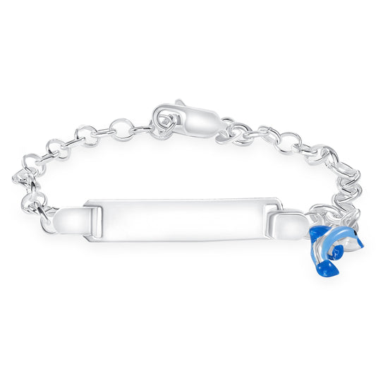 Silver Kids ID Blue Enamel Dolphin Bracelet. KIDID007