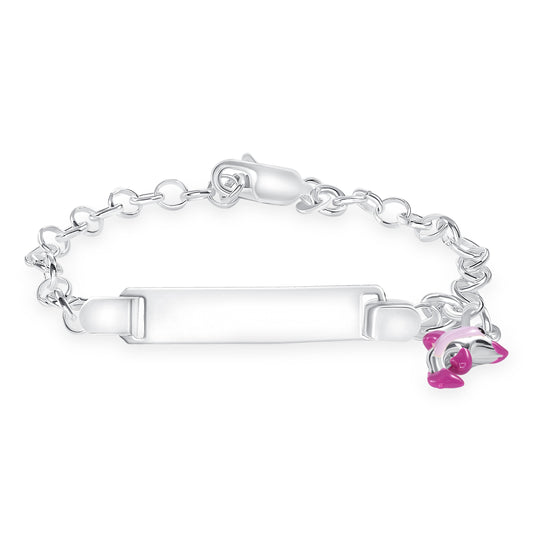 Silver Kids ID Pink Enamel Dolphin Bracelet. KIDID008