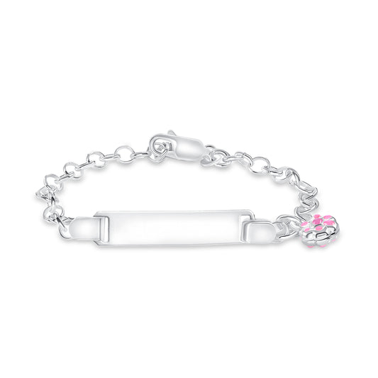 Silver Kids ID Pink Enamel Flower Bracelet. KIDID009