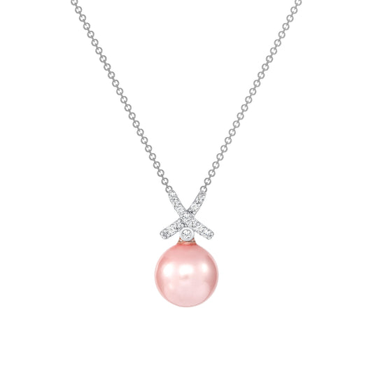 Silver 925 Rhodium Plated Pink Pearl with X Shape Cubic Zirconia Set. DS00002PNK
