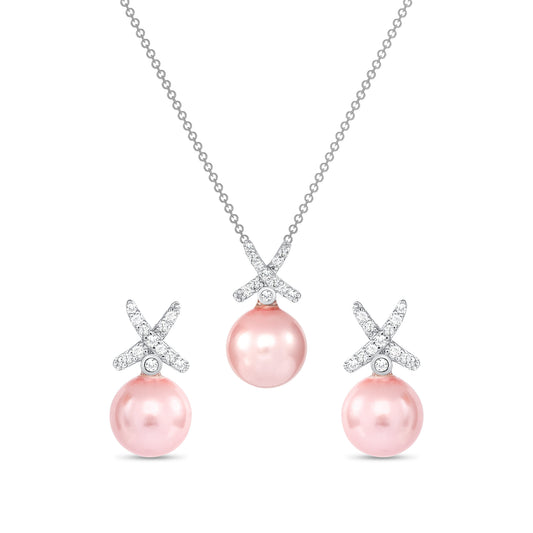 Silver 925 Rhodium Plated Pink Pearl with X Shape Cubic Zirconia Set. DS00002PNK