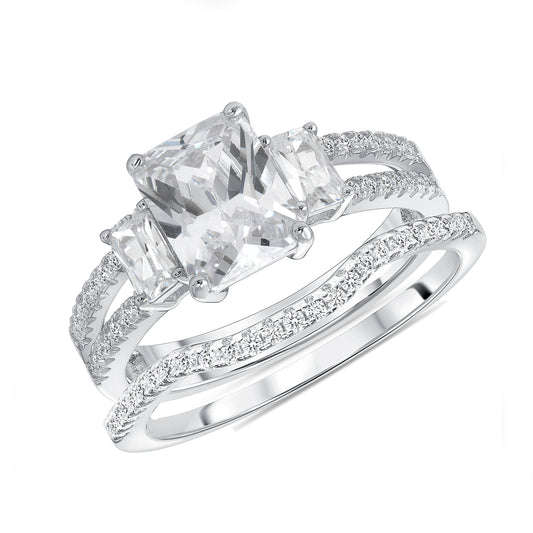 Silver 925 Rhodium Plated Cubic Zirconia Rectangular Bridal Set. KR0204R