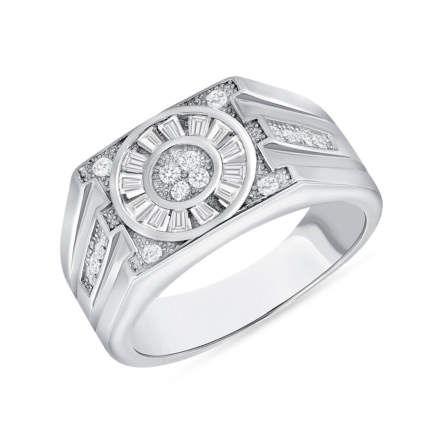 Silver 925 Rhodium Plated Round Cubic Zirconia w/ Baguette Men's Ring. LF512-641Z