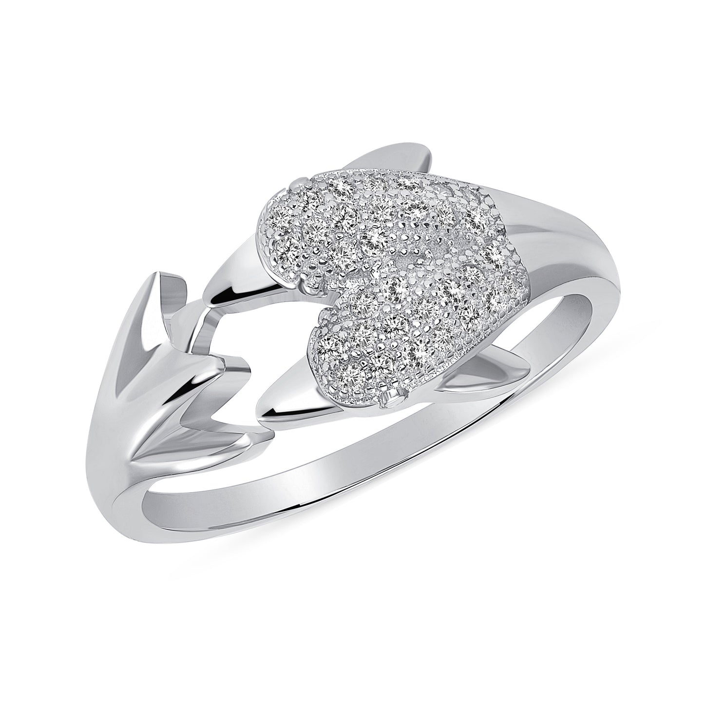 DGR2070. Silver 925 Rhodium Plated Cubic Zirconia Double Dolphin Ring