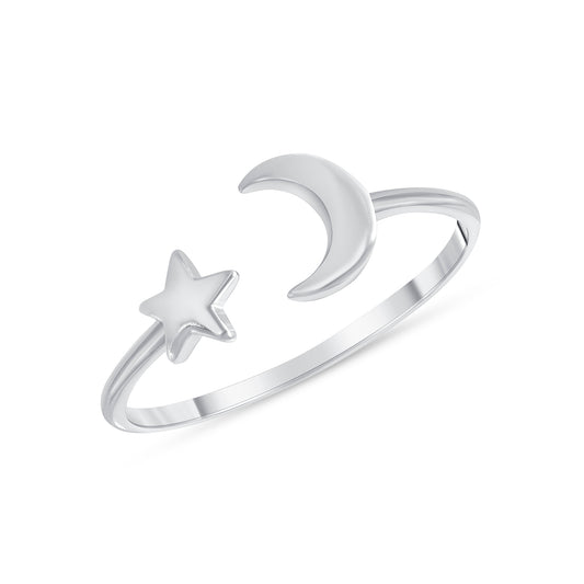 MD015. Silver 925 Rhodium Plated Moon and Star Ring